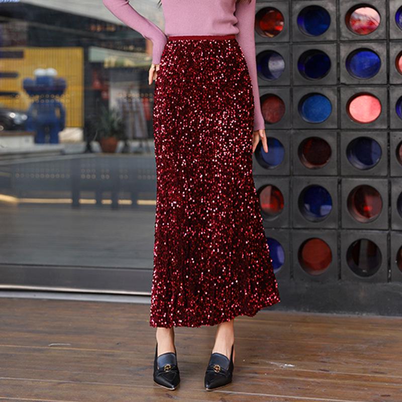 Elegant High-Waist Velvet Fishtail Skirt with Sequins for Autumn