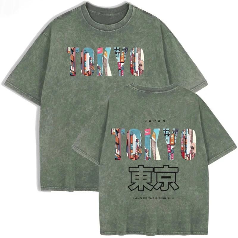 Retro Tokyo Cityscape T Shirt Men Women Casual Washed Cotton Short Sleeve Top