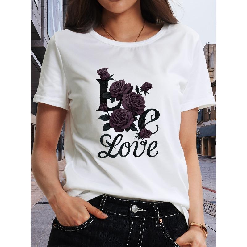 Womens Minimalist Love Letter Tee Oversized L Dark Floral Detailing Crew Neck Short Sleeve All Season Everyday Romance Casual Top
