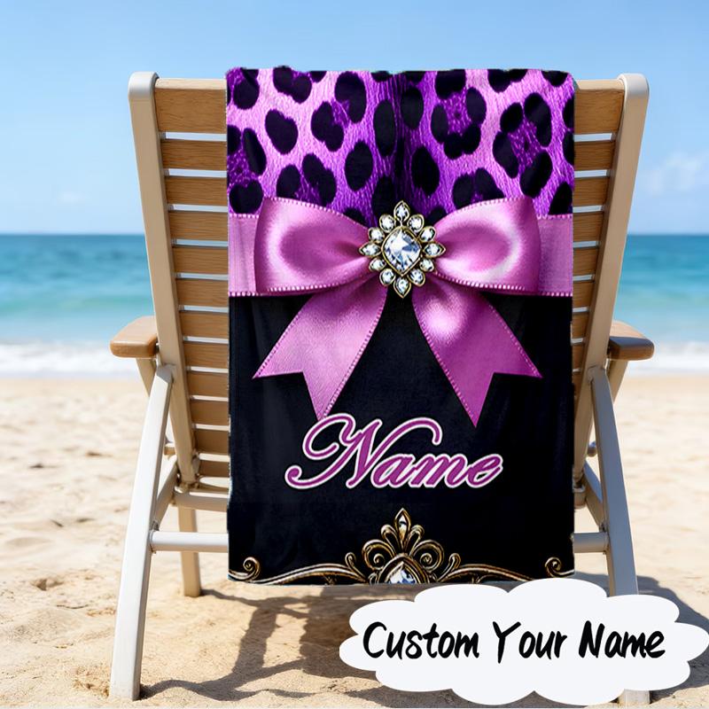 Custom Name Leopard Print Bow Microfiber Beach Towel Super Soft & Absorbent for Bath, Beach, Travel Bath Time Accessory, Fan Gifts