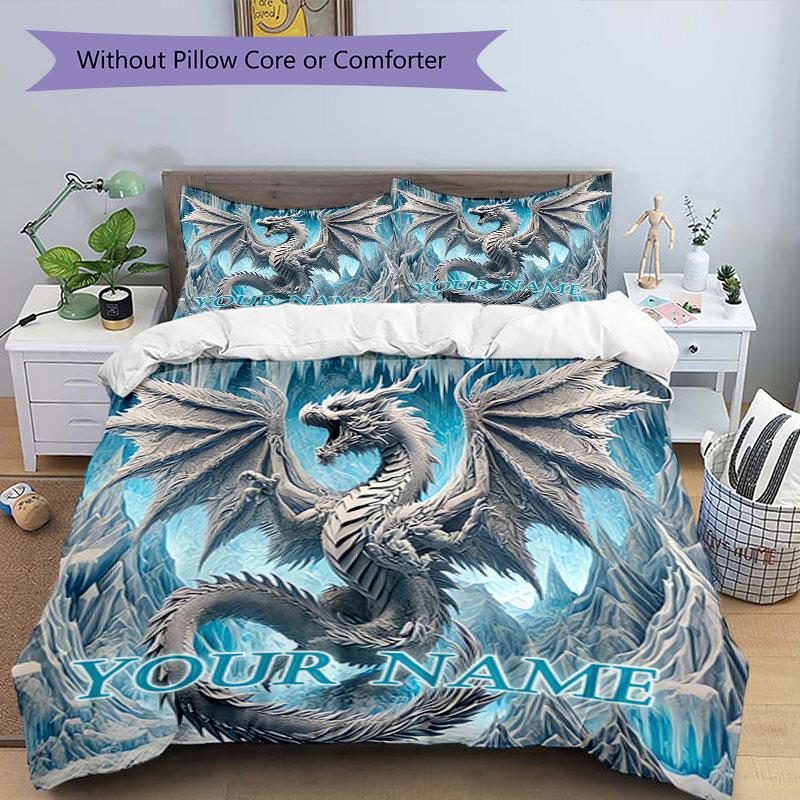 3PC Custom Name Frosty Dragon's Majesty Bedding Set Duvet Cover Closure Includes 1 Duvet Cover & 2 Pillowcases for Bedroom