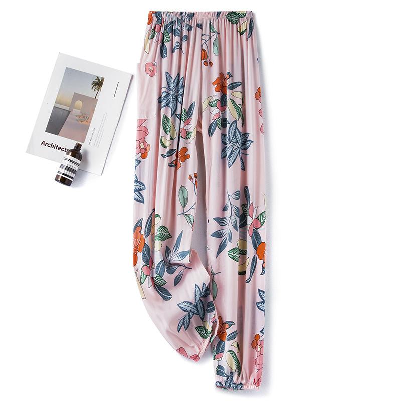 Pantaloni de pijama din bumbac mătase pentru femei, secțiune subțire de vară, anti-țânțari, pantaloni cu picior lat, culoare uni, pentru exterior, casă, petrecere a timpului liber, imprimeu, pantaloni de plajă până la genunchi