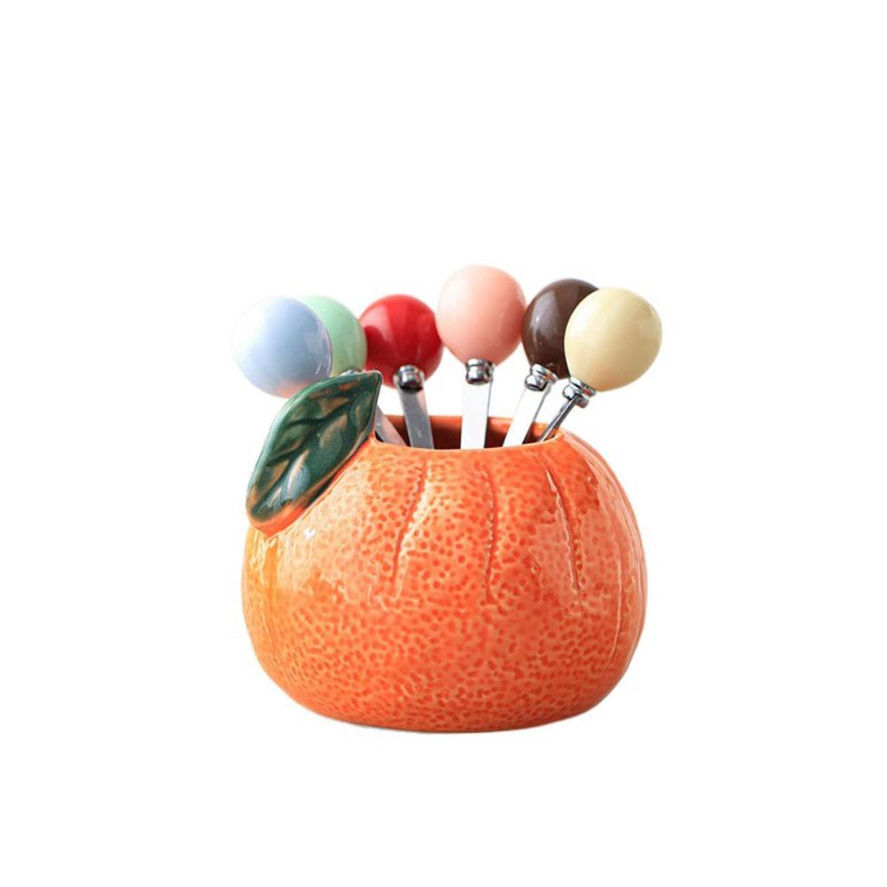 Набор из 6 керамических фруктовых вилок Оранжевый Стиль Ins Однотонные Десертные вилки с Банкой для хранения Домашний Декоративный
