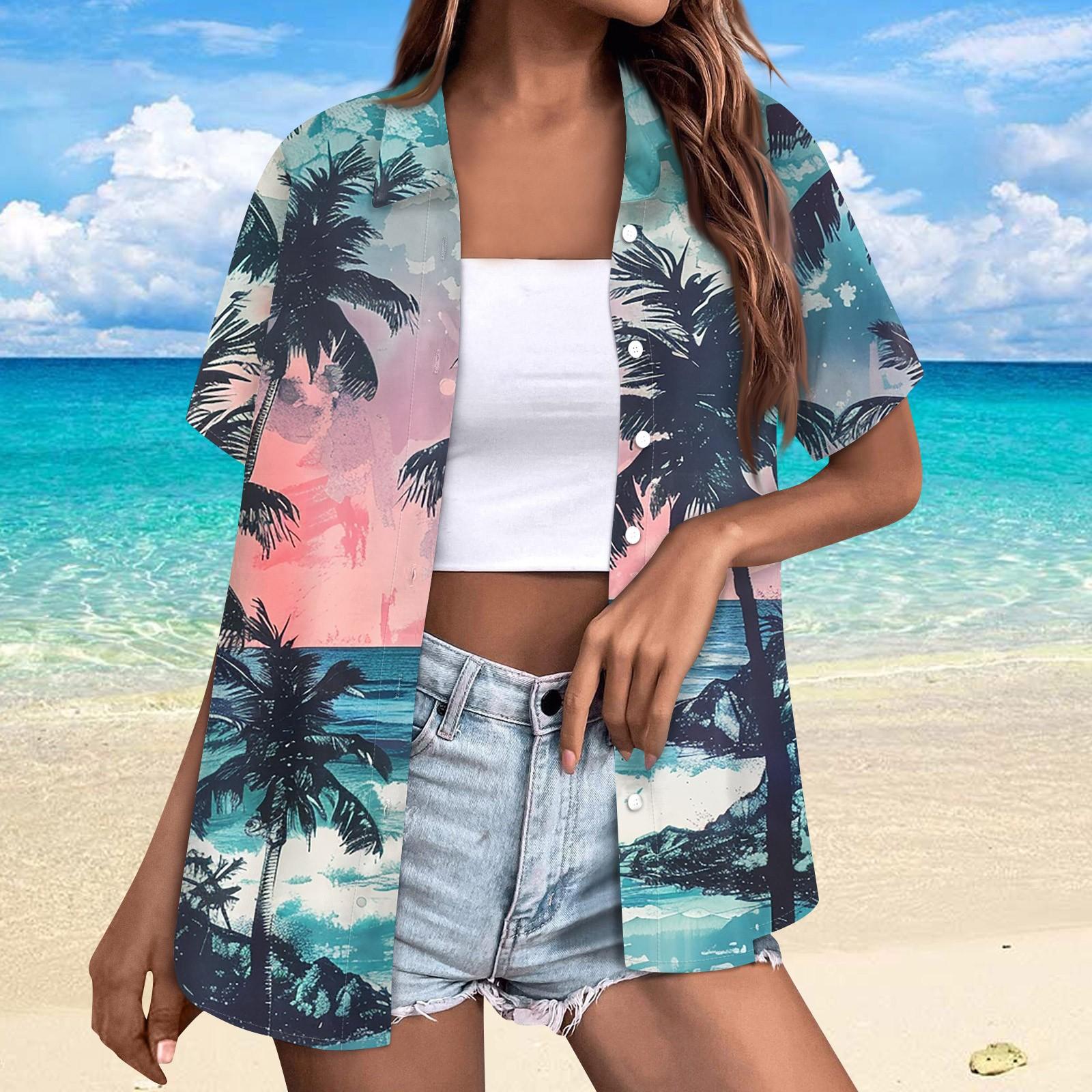 

Женская модная повседневная рубашка с короткими рукавами и лацканами с гавайским деревом, топы XL розовый