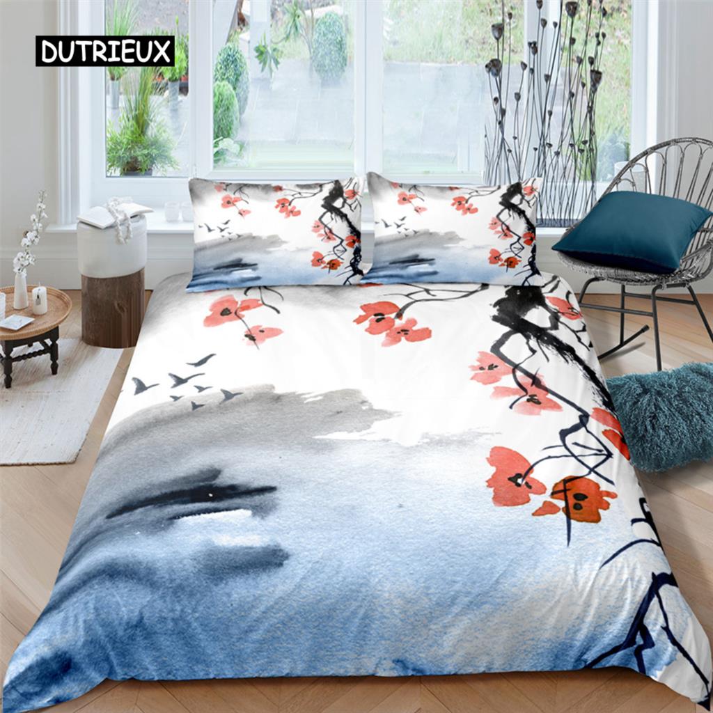 Flower Duvet Cover Cherry Blossoms Bedding Set with Pillowcase 2/3pcs Quilt Cover Home Textiles Floral Polyester Comforter Cover