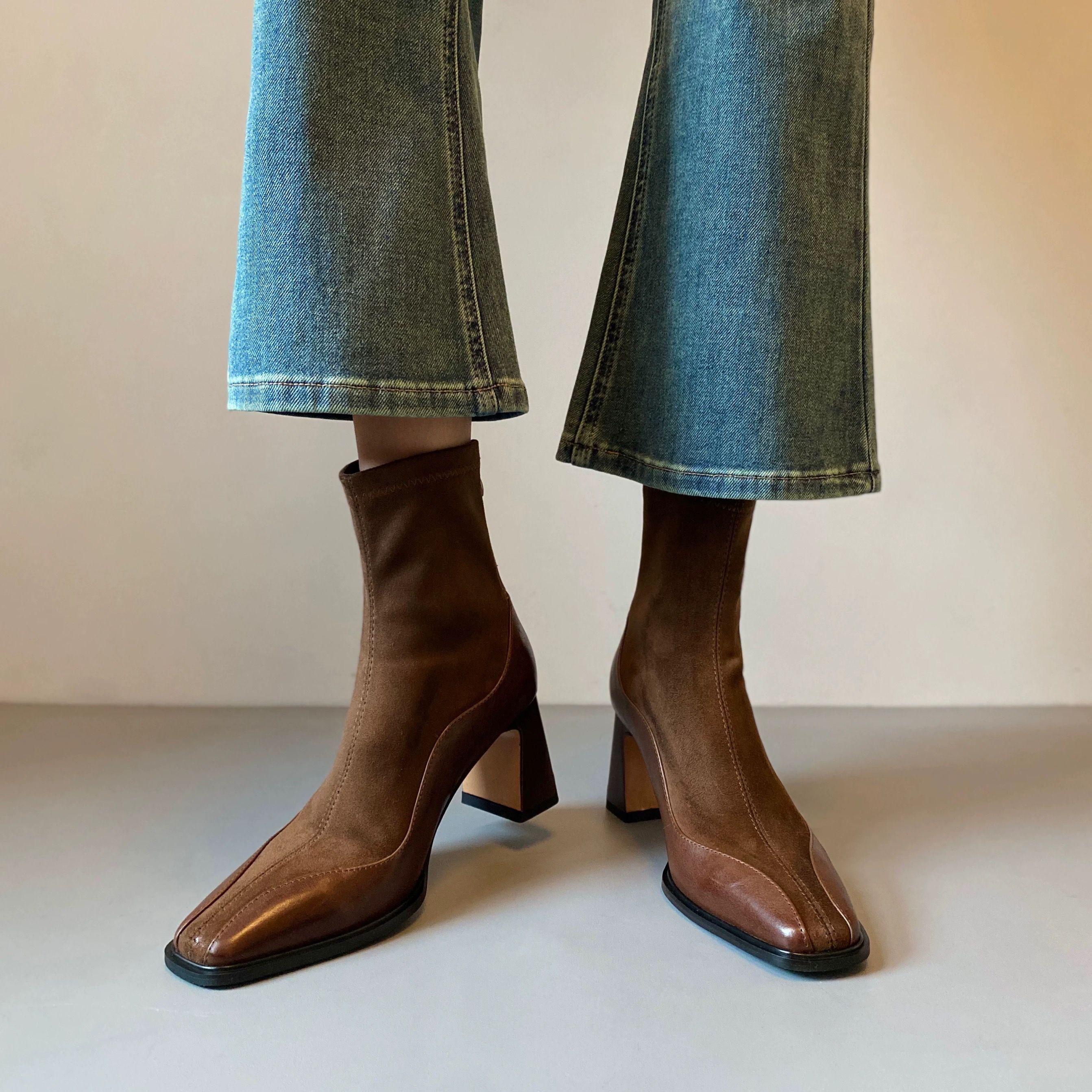 

Elegant Square Toe Solid Black Chelsea Boots Women 2025 Autumn Fashion Mix Suede High Heel Mid Calf Boots Retro Brown Booties 41