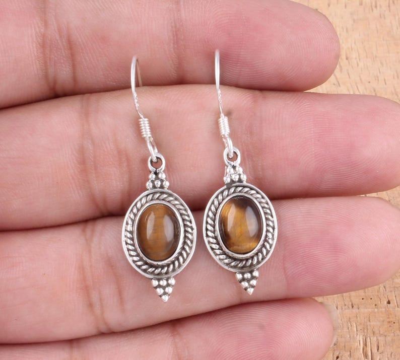 Solid 925 Sterling Silver Tiger Eye Gemstone Earring handmade Jewelry Boho Earrings Statement Earrings Charm jewelry