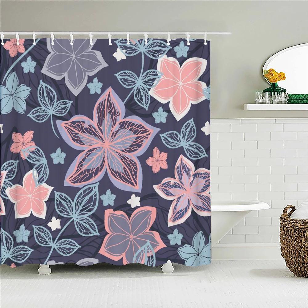 Waterproof Fabric Shower Curtain Colorful Flowers Pattern Printed Shower Curtains With 12 Hooks Multi-size Bath Screen