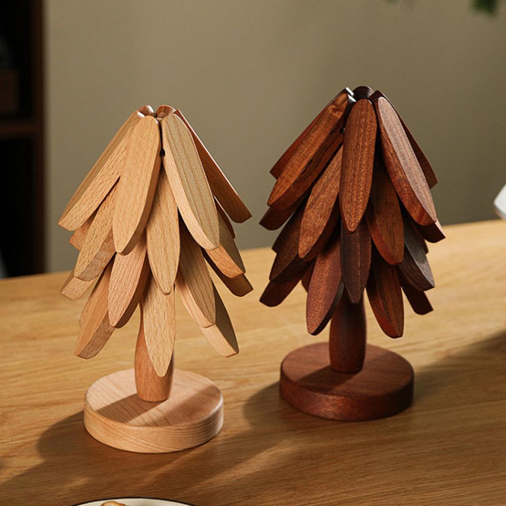 4pcs Christmas Tree Coaster Set Anti-scald Walnut Wood Tree Trivet Set Tree-shaped Foldable Kitchen Wooden Trivet for Desk Decor