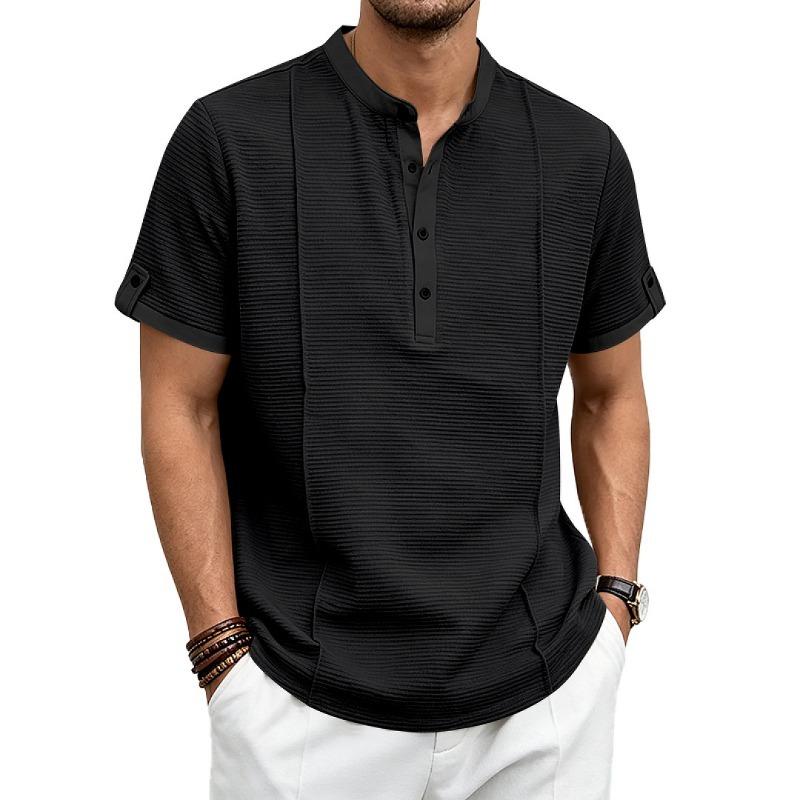 Mens American Retro Textured Henley Short Sleeve Casual Loose Vacation Commuter T Shirt