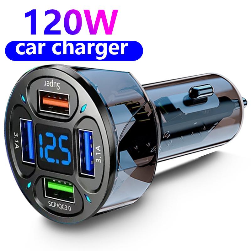 66W 4 Port USB Car Charger Adapter with LED Voltage Display Fast Charging for 12-24V Vehicles
