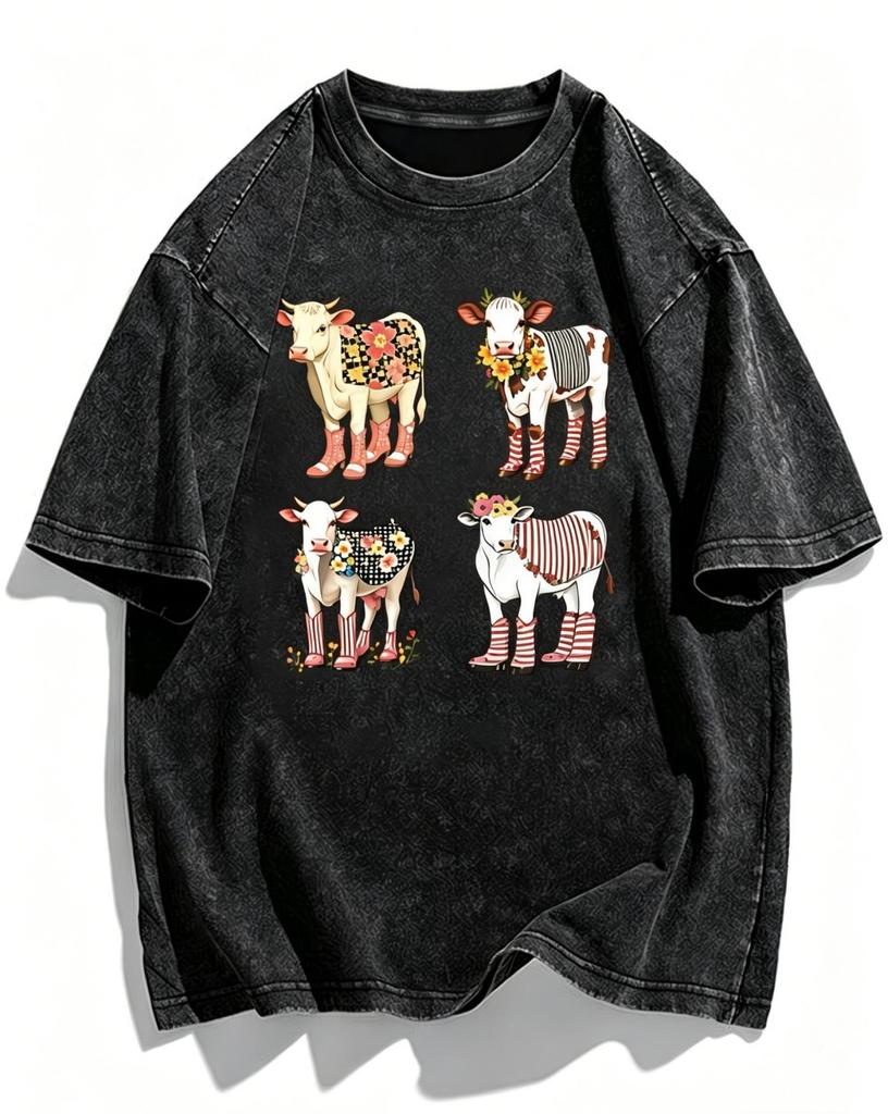 Premium Acid Wash Graphic T-Shirt Vintage Washed Cow Print Tee Retro Grunge Style Top High Quality Casual Streetwear Clothing