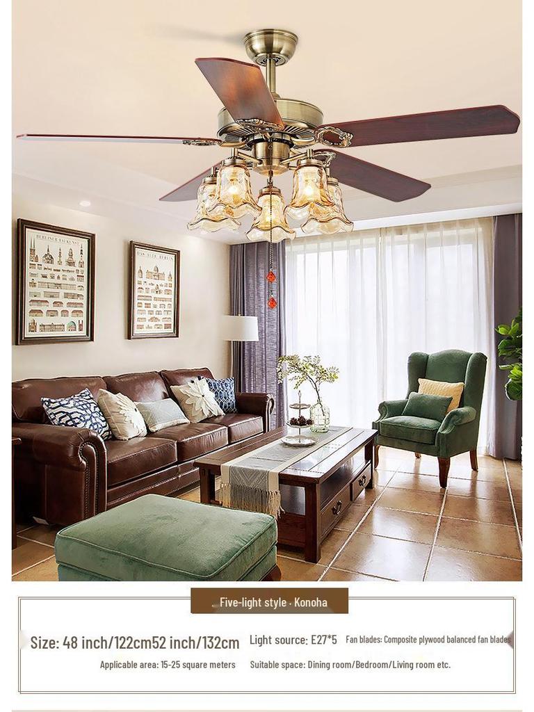 Mid-Century European Retro Ceiling Fan Light with Iron Blades - Variable Frequency High Airflow for Living Rooms or Restaurants.