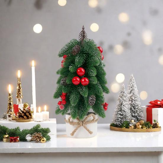 Mini Artificial Christmas Tree Ornament Tabletop Noble Fir with Red Berries Festive Holiday Decoration for Home Office Party