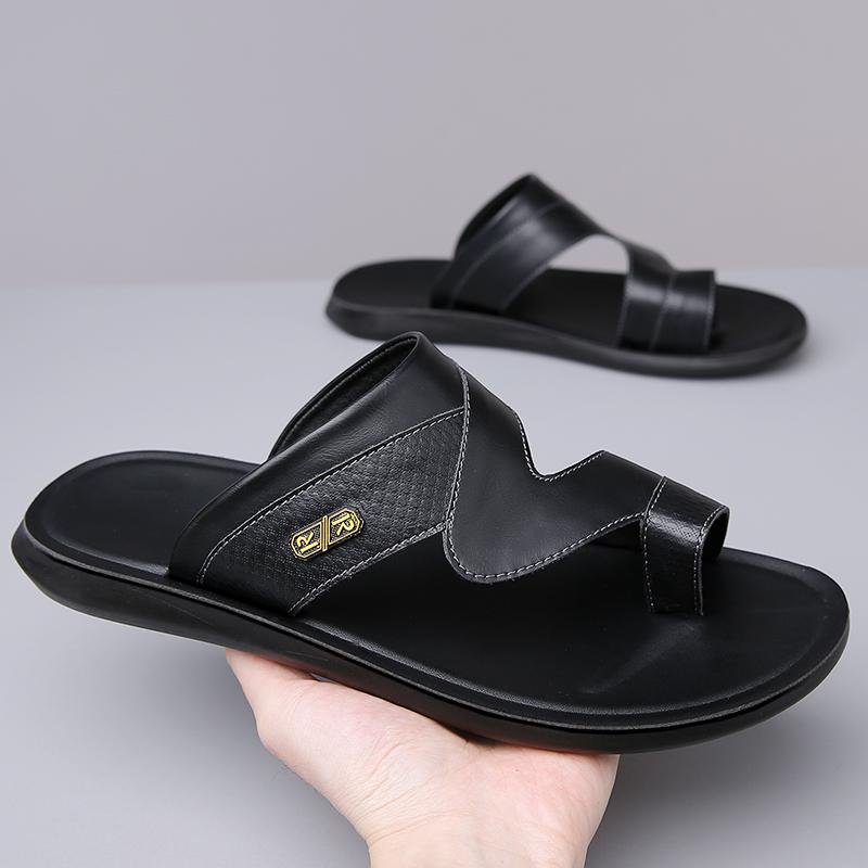 Tongs pour Hommes Pantoufles en Cuir Noir Chaussures Plates Simples Été Blanc Extérieur Marron Bout Ouvert Chaussures de Plage Grande Taille