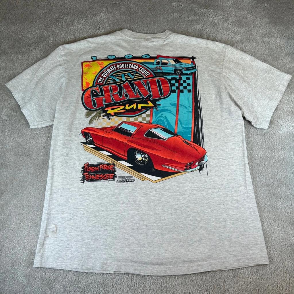 Vintage 1996 Tee Jays Grand Run 96 Car Show Shirt Men's XL Gray Mustang Corvette