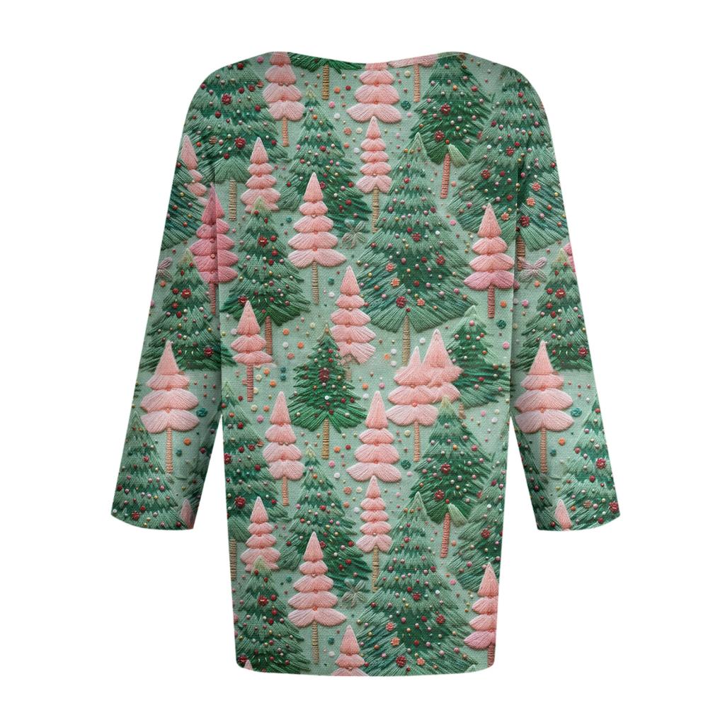 Women's Fashionable Casual Three-Quarter Sleeve Christmas Print Round Neck Top