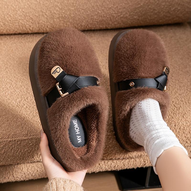 Plush cotton slippers women's autumn and winter fashion belt buckle home non-slip super warm can not lose hair thick bottom plush slippers