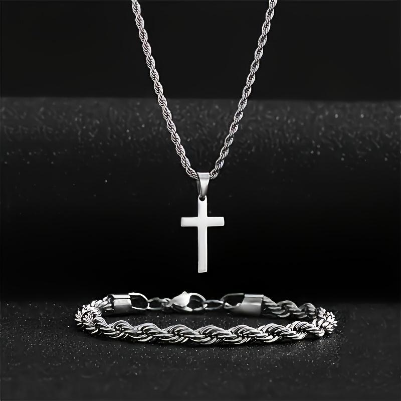 Gold Cross Necklace Bracelet Set Twisted Rope Chain Jewelry Set for Men Women серебряный