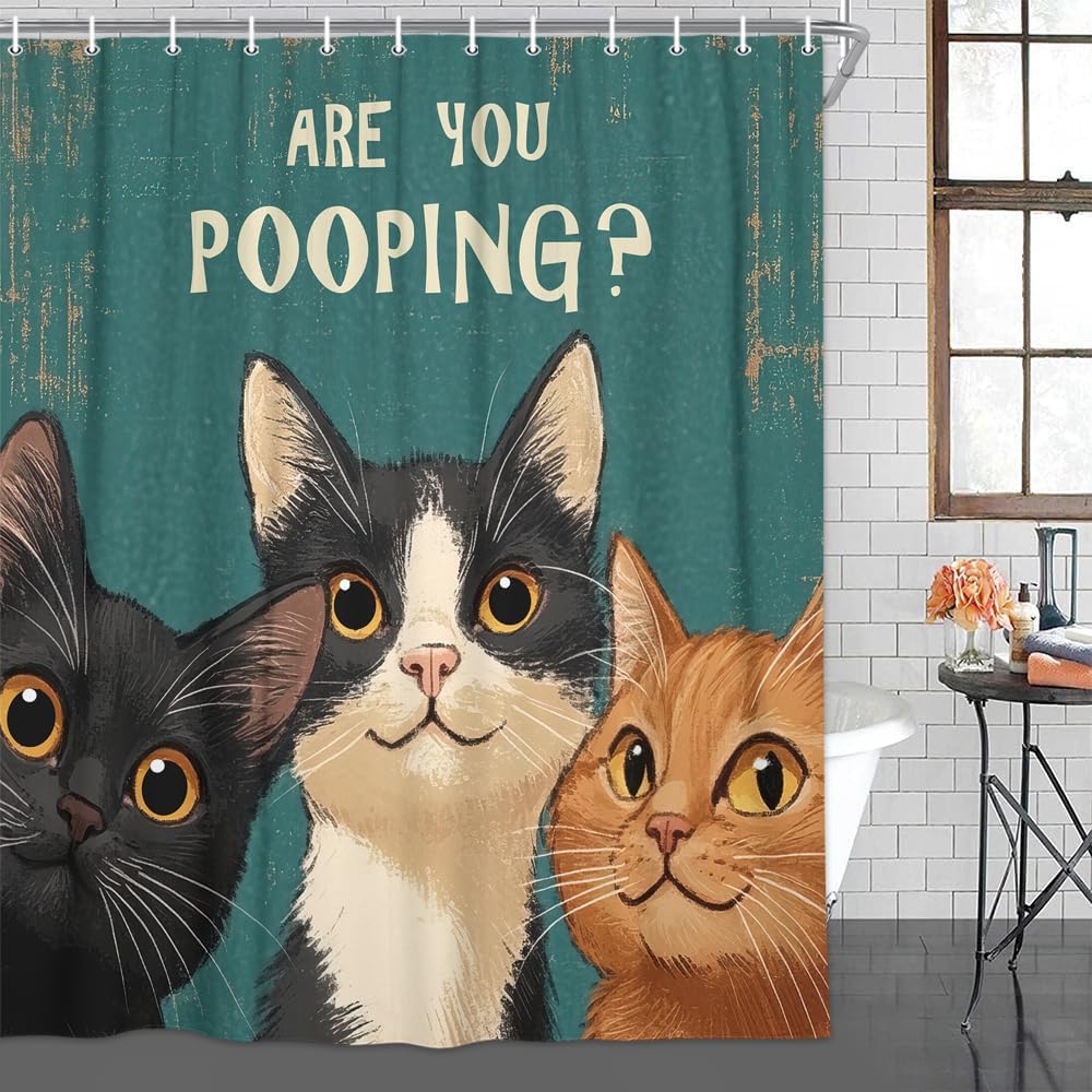 Funny Cat Vintage Shower Curtain, Are You Pooping Curious Kitty Fun Whimsical Shower Curta, Fancy Humor Cat Polyester Fabric