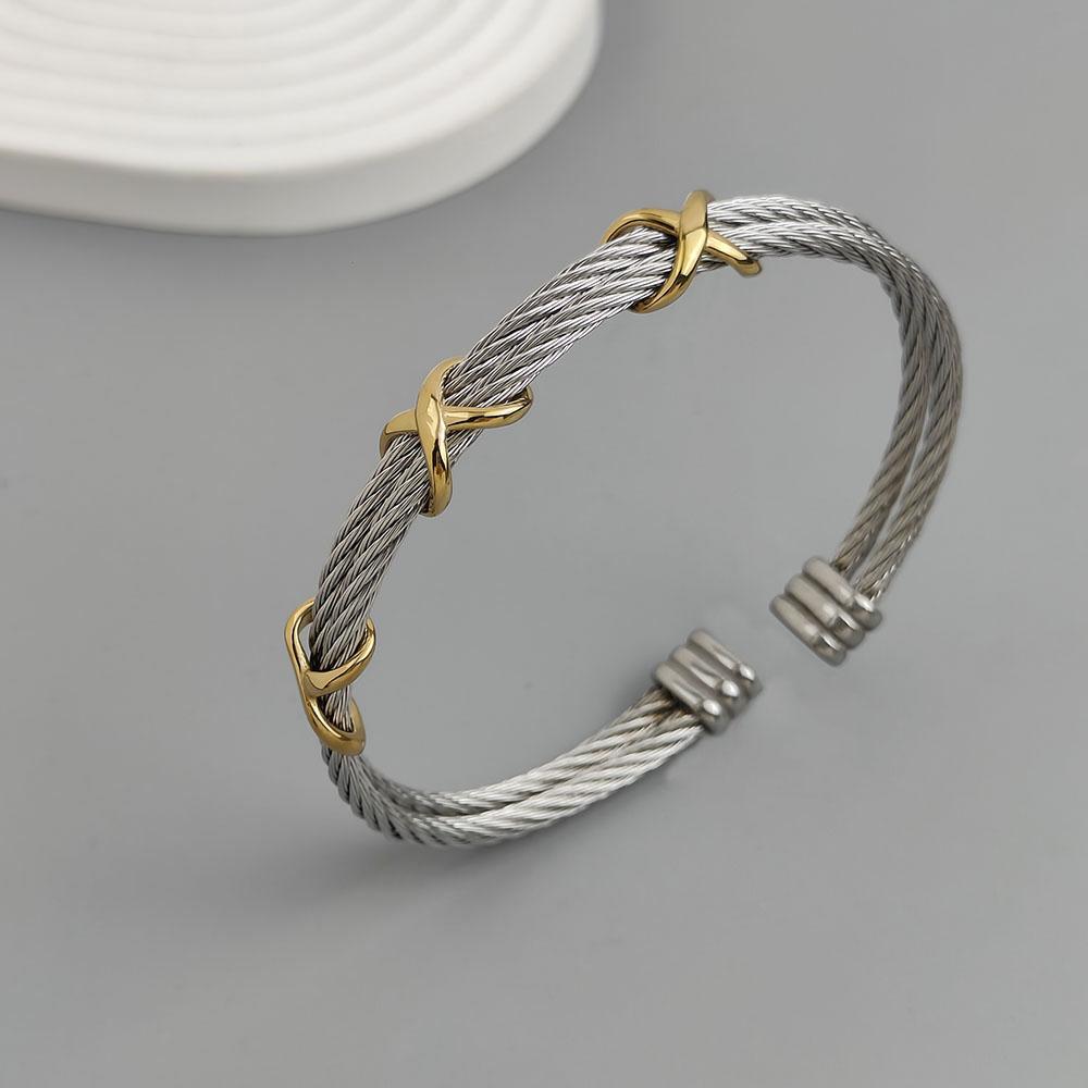 Stainless Steel Letter X Inlaid Zirconium Twist Rope Steel Wire Rope Opening Bracelet Women's Cable Bracelet Party Daily Jewelry