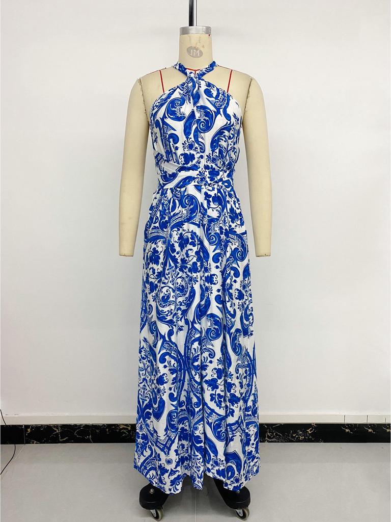 European & American Halter Long Skirt: New Style 2026 Open Back Retro Print Dress for Women.