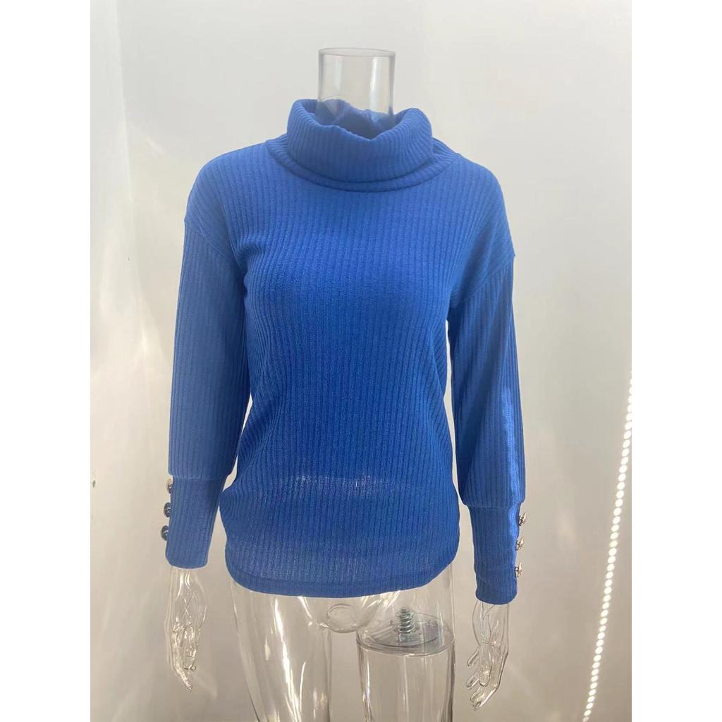 Women's Turtleneck Ribbed Knit Sweater Long Sleeve Button Cuff Loose Casual Solid Color Pullover Top
