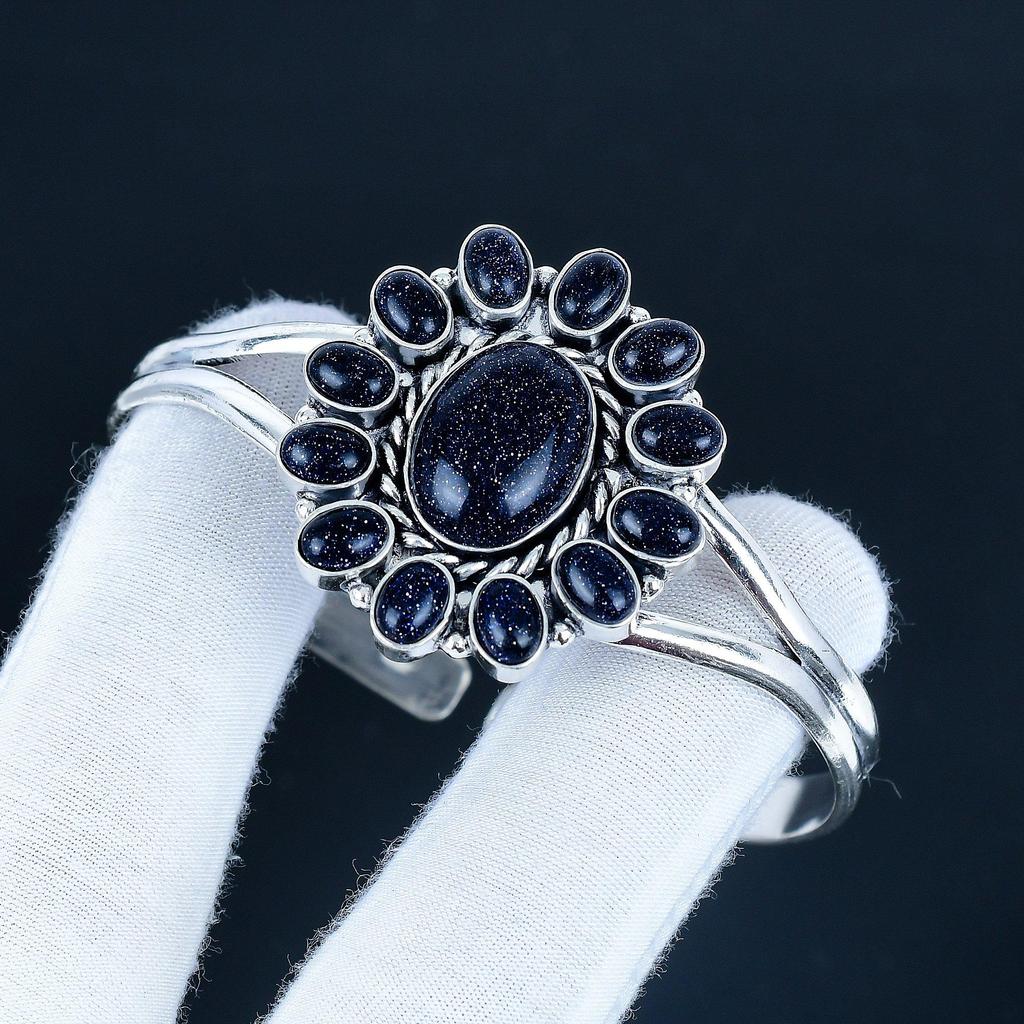 Blue Sunstone Gemstone Handmade Cuff Bangle 925 Sterling Silver Cuff Bangle, Blue Sunstone Flower Shape Bracelet For Wife, Unisex Bangle, Gift