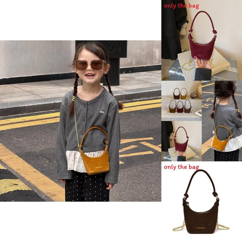 Children Retro Frosted Velvet Bucket Bag With Solid Color Design For Daily Use