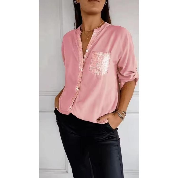 Women Casual Summer V-neck Sequin Blouse Loose Collar Mid-sleeve Printed Button Top Sun Protection Shirt with Pocket