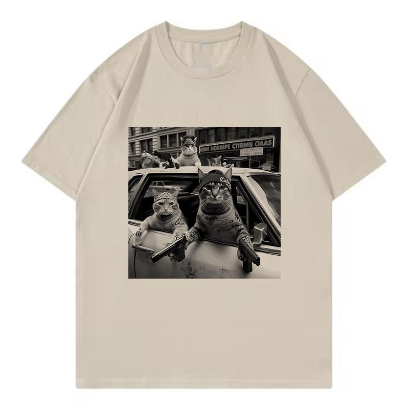 Streetwear Cat Printed Funny T Shirts Unisex Hip Hop Cat Fashion T-shirt Round Neck Short Sleeve Trendy Tee Shirt Streetwear Tops