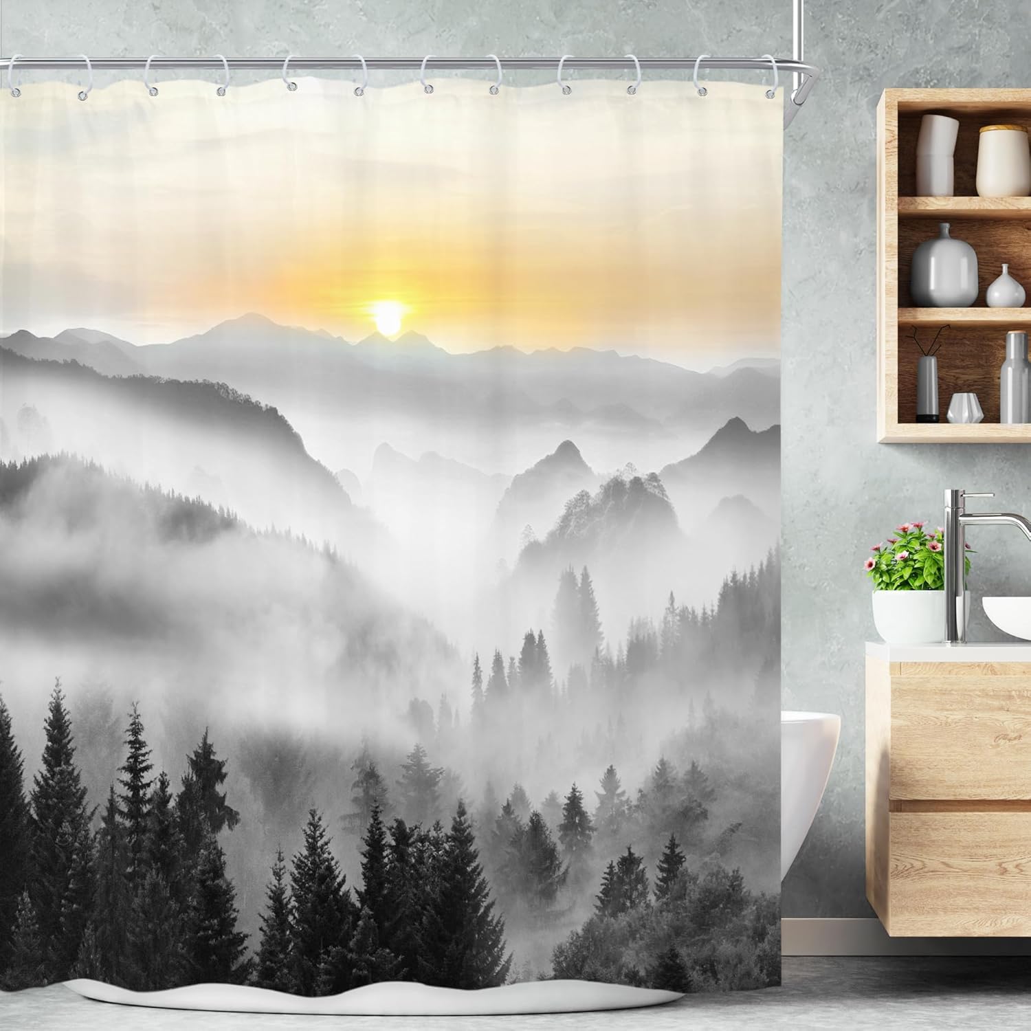 Sunrise Mountain Shower Curtain Foggy Forest Landscape Nature Art Bath Decor Waterproof Fabric Minimalist Design Home 180x200 90x180cm35x71in