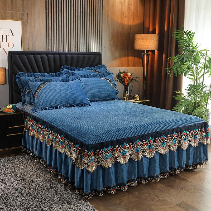 3 teile/satz Kristall Samt Gepolsterte Bett Rock Spitze Herbst und Winter Blätter Europäischen-stil Simmons Schutzhülle