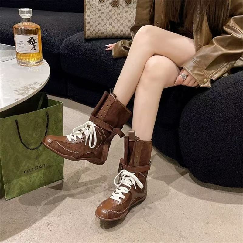 Dameslaarzen Douyin Wasteland Stijl Westerse Cowboy Boksschoenen Dames Middelhoge Schacht Verhogend Retro Martin Laarzen