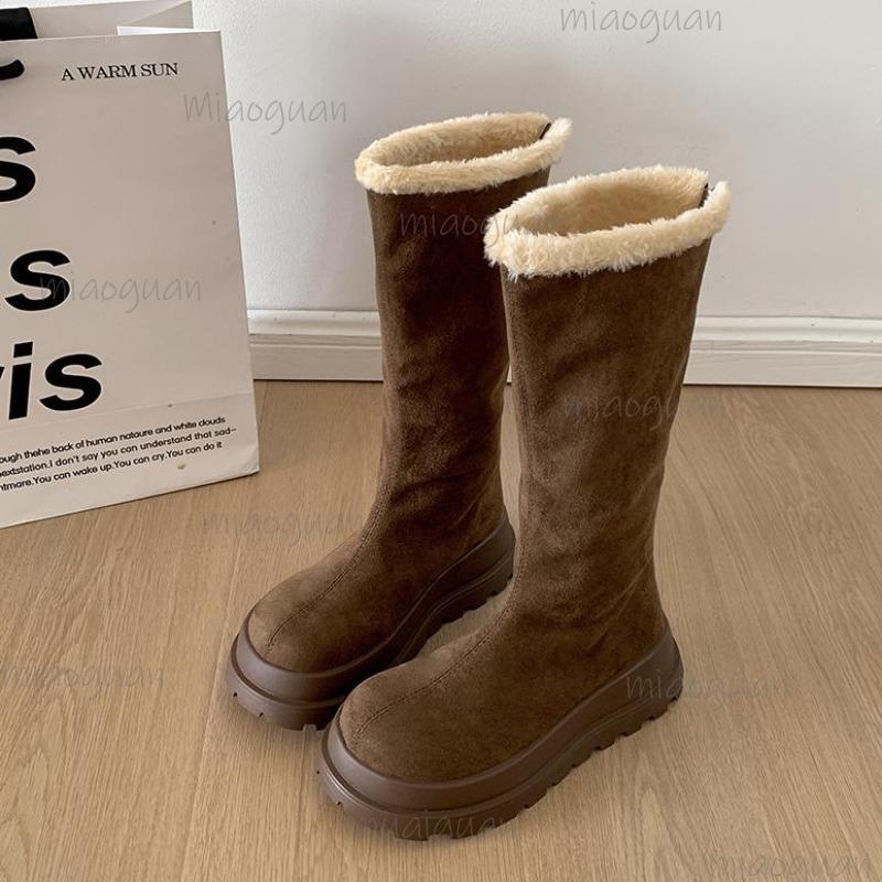 

Winter Women s Retro Khaki Snow Boots Platform Fur Lined Outdoor Thick Sole Long Boots Fashion Warm Back Zipper Combatable Botas 42