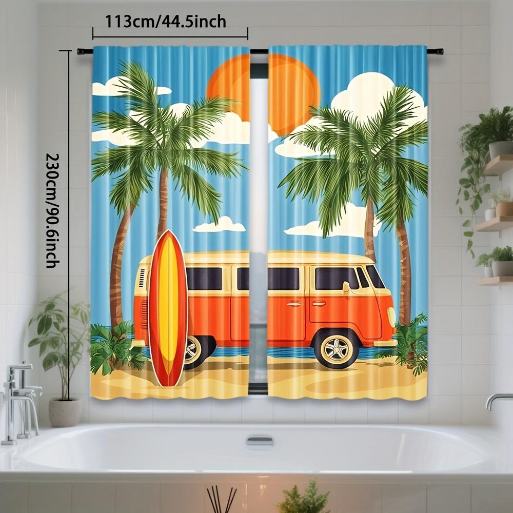 Set Of 2 Retro Beach Bus Print Polyester Curtains Vibrant Sunset Palm Tree Design Style Living Curtain Sheer Made With Rod Pocket