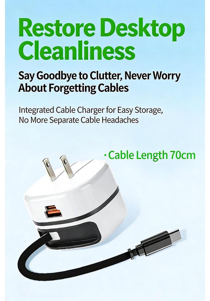 65W PD Fast Charger with Retractable Cable & Foldable Plug for Super Fast Mobile Charging