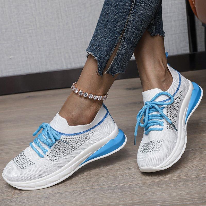 Knitted Mesh Sneakers Ladies Fashion Rhinestone Breathable Casual Running Shoes Tennis Shoes