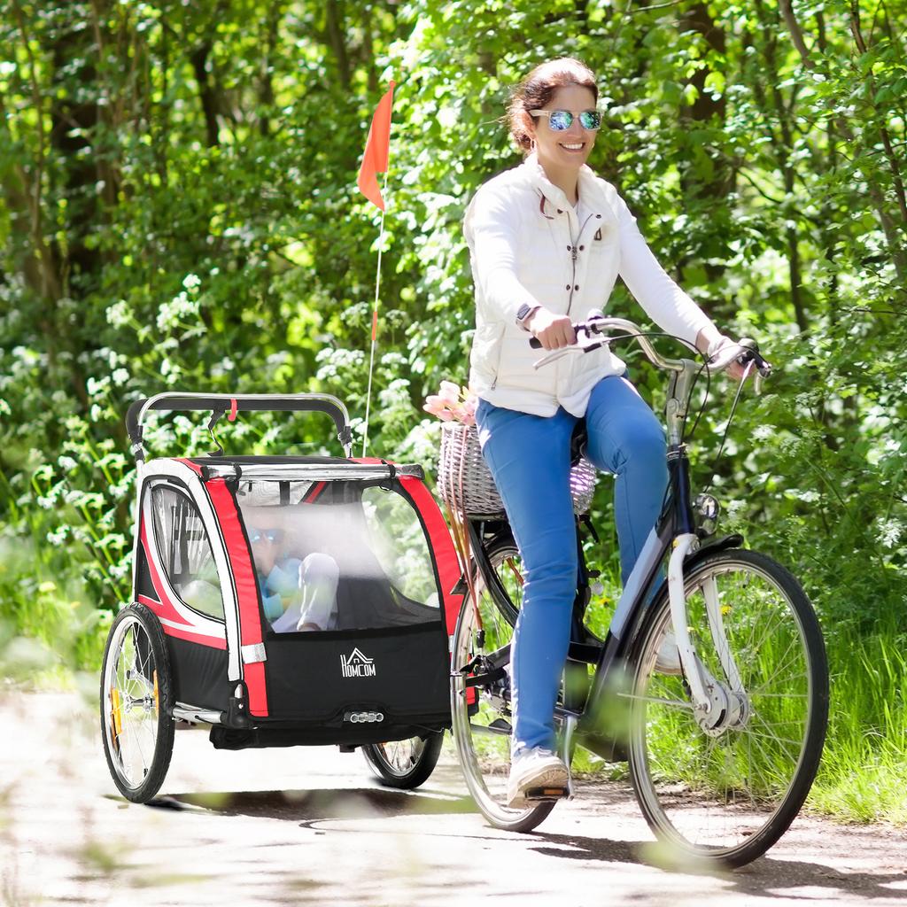 Carrellino Bici per Bambini, 2-in-1, Funzione Jogging, Telo Resistente alle Intemperie, Telaio in Acciaio, Rosso+Nero, 142 x 75 x 101cm
