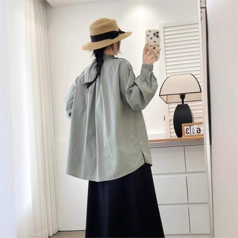 Johnature Japanese Fungus Stand-Up Collar Press-Pleated Top Women Spring Loose Versatile French Tops