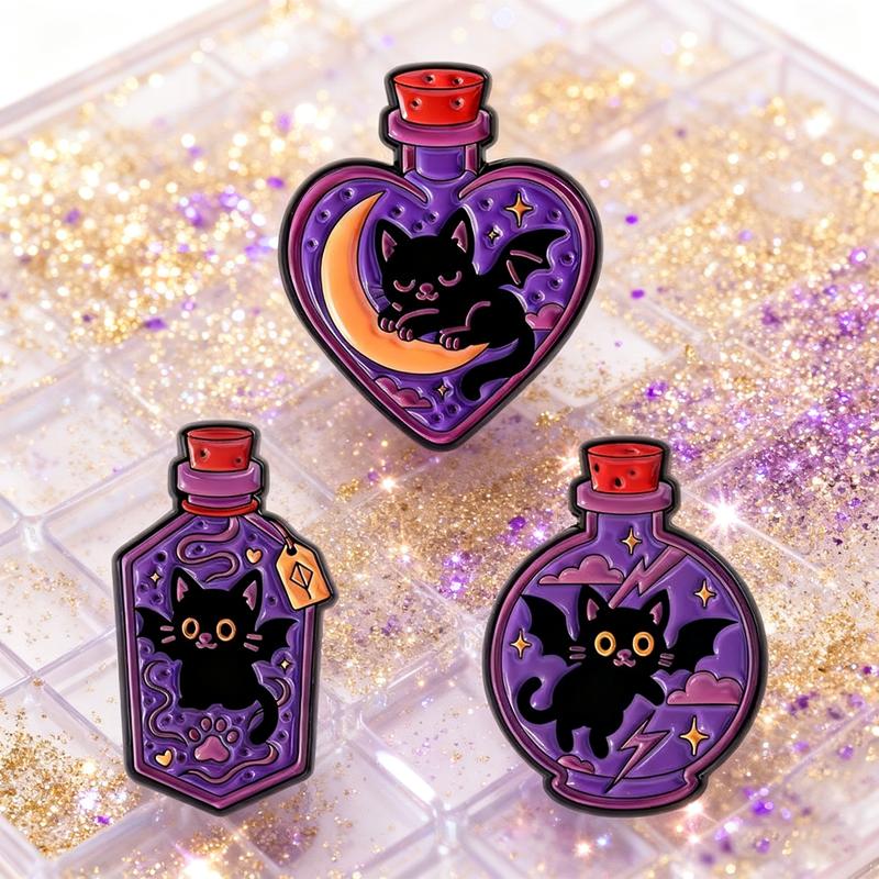Black Cat Bat Enamel Pins Witch Magic Potion Bottle Brooches Lapel Badges Cartoon Punk Jewelry Gift for Kids Friends