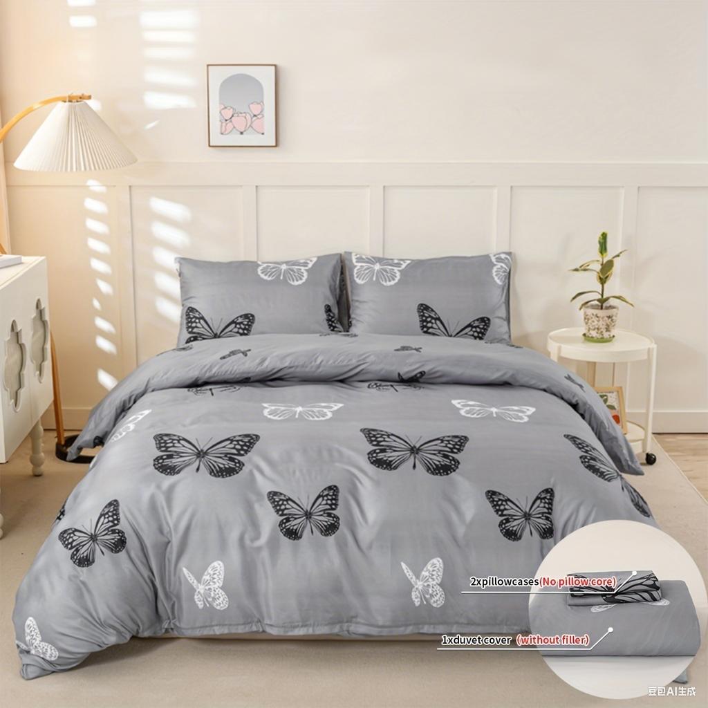 3pcs Butterfly Print Duvet Cover Set Soft Skin-Friendly Bedding Set Includes 1 Duvet Cover And 2 Pillowcases