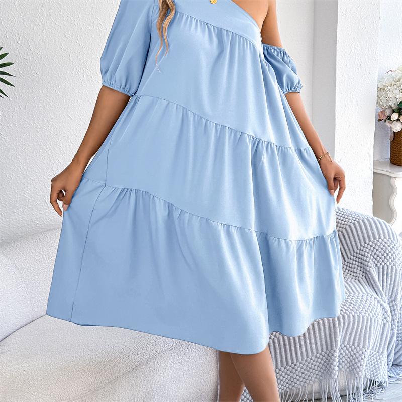 2026 Spring Summer Women's Off Shoulder Short Sleeved Ruffled Hem Long Skirt S-XL