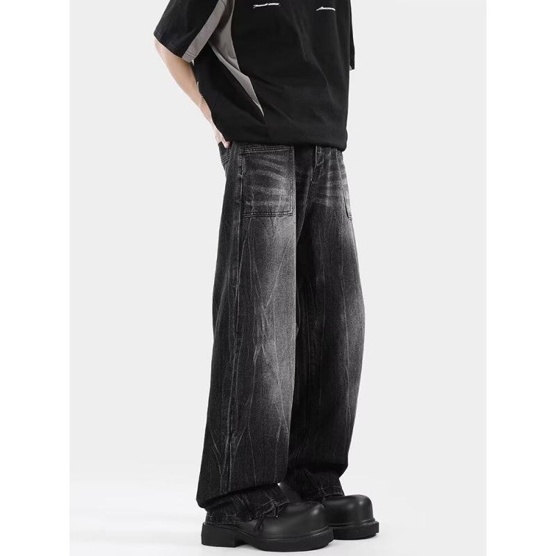JYL Men's Straight Jeans Vintage Black Washed Whisker High-Street Denim Pants