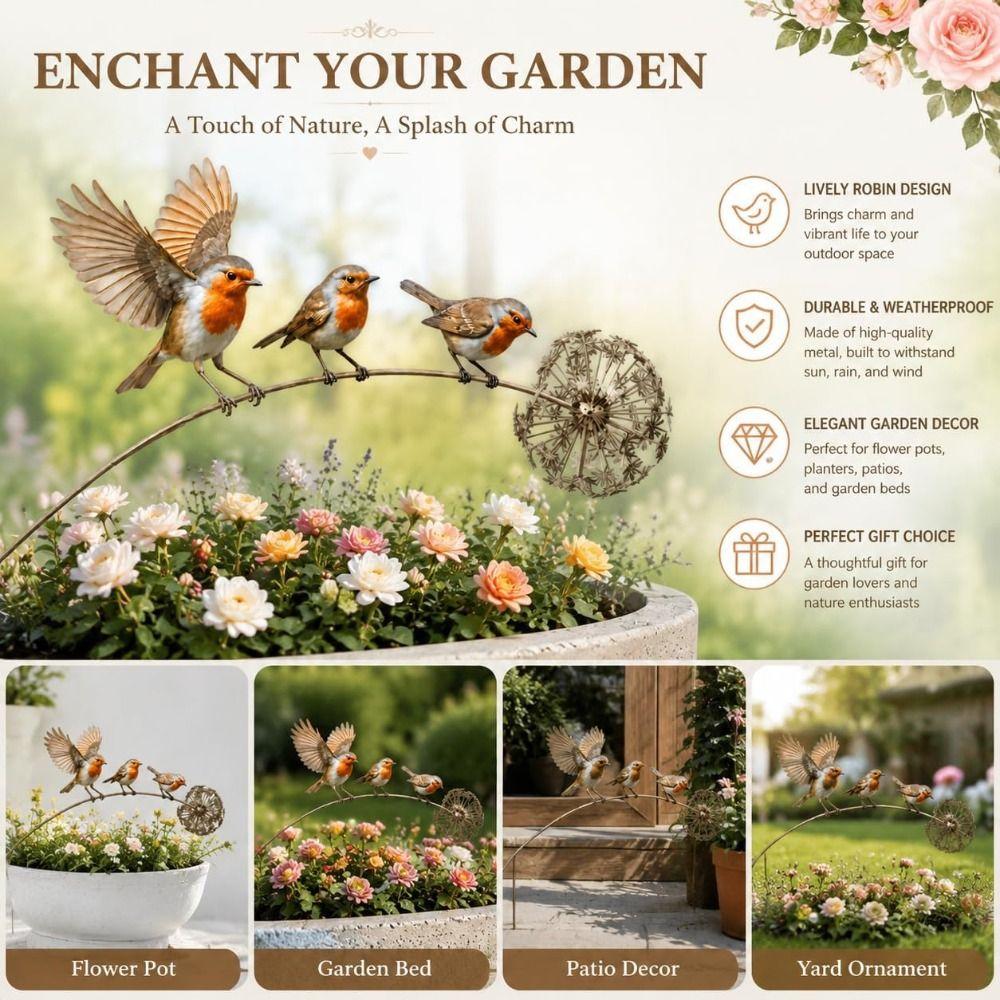 Metal Bird Garden Stake Weather Resistant Bird Plant Stake Robin Yard Ornament  Flower Pot Decor