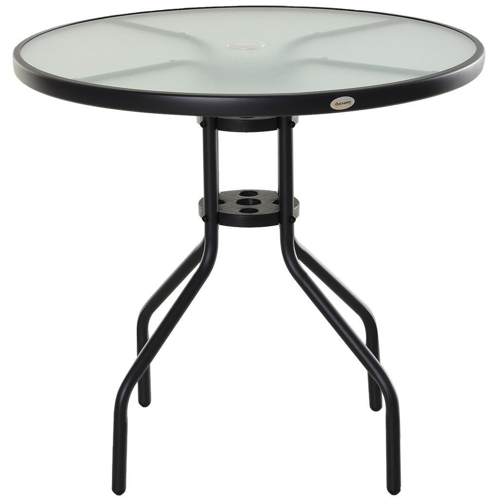 80 cm Schwarzer Runder Garten-Esstisch, Outdoor Kaffee Bistro Beistelltisch mit gehärteter Glasplatte und Stahlrahmen für Terrasse, Veranda