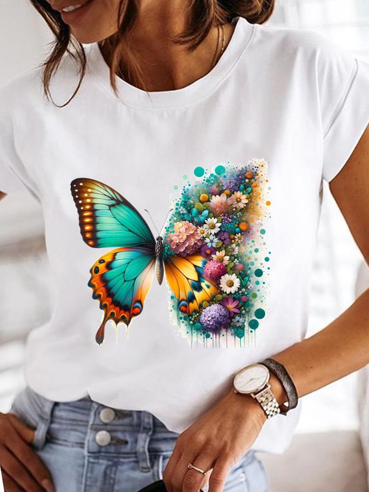 (Asian Size)  Clothing T Shirt Fashion feather trend sweet Tee Print Lady Women Casual Top Short Sleeve Female Graphic T-shirts
