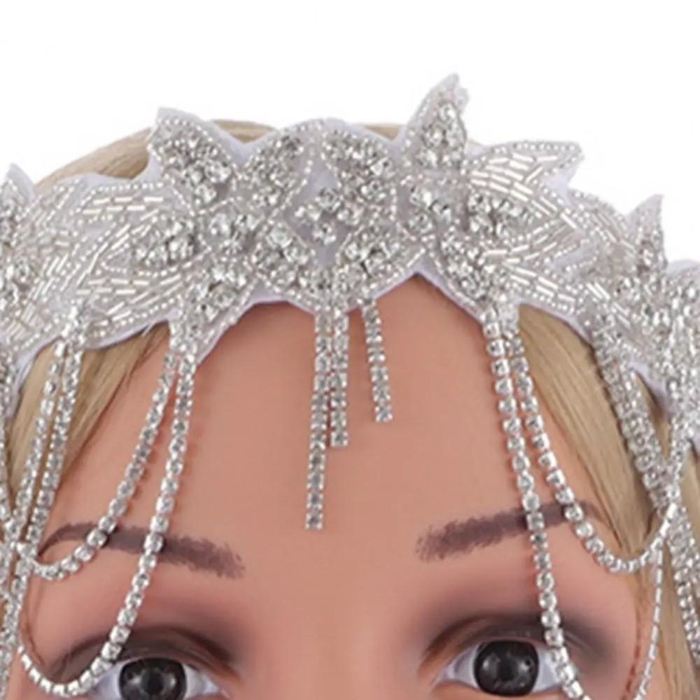 Shiny Rhinestone Headband Flower Shape Chain Tassel Flapper Headband Elegant Exquisite Masquerade Party Headwear