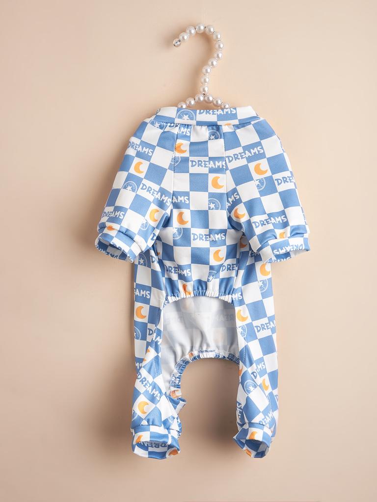Pet Clothes Checkered Pajamas for Small Dogs Cats, Soft Comfortable Four - Legged Jumpsuit, Cute Moon & "DREAMS" Print Outfit