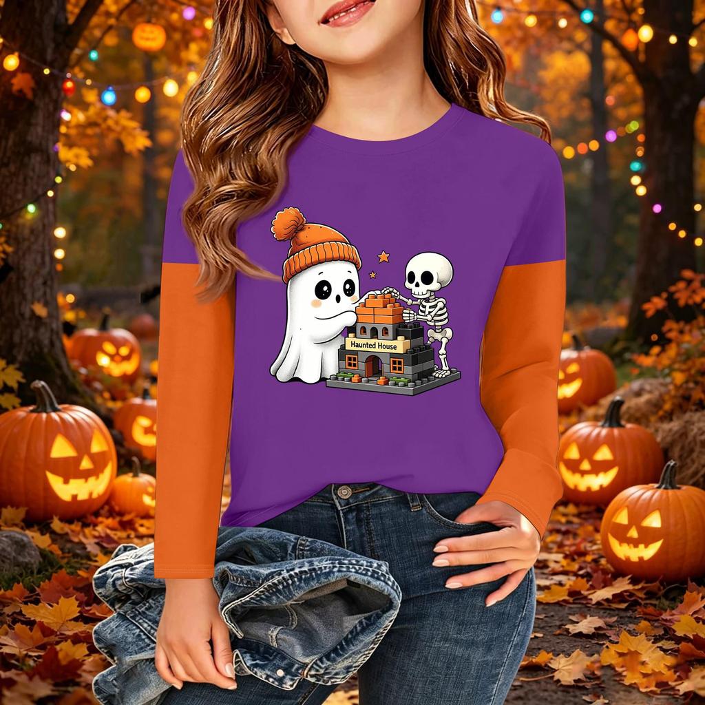 Children's Halloween Printed Long Sleeve Round Neck Casual Base Layer Shirt for Boys and Girls